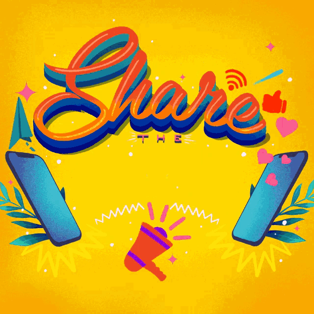 a colorful illustration with the word share surrounded by phones and a megaphone