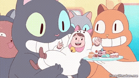 a group of cartoon cats are sitting around a table with a baby in a cat costume .