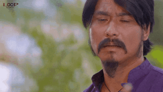 a man with a beard is wearing a purple shirt and the word loop is on the bottom