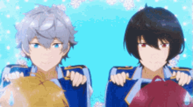 two anime characters are standing next to each other in front of a blue background .