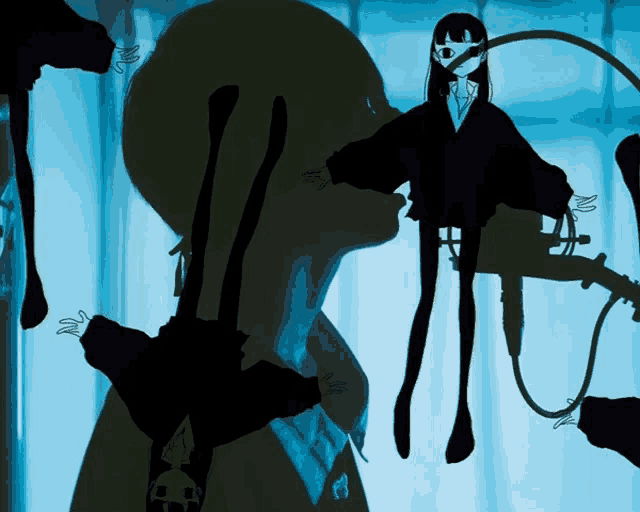 a silhouette of a person holding a doll with a long neck