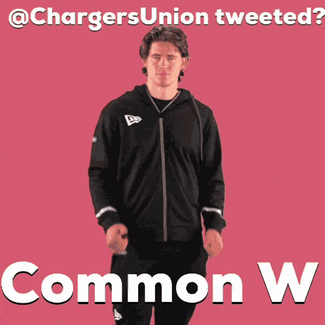 a man in a black jacket is standing in front of a pink background with the words " @chargers union tweeted "