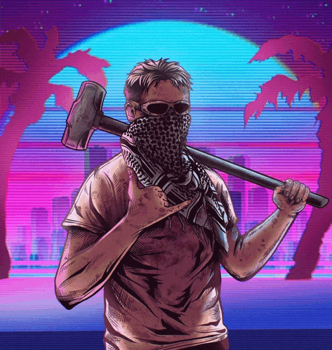 a man wearing sunglasses and a bandana is holding a large hammer