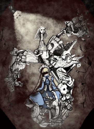 a black and white drawing of a woman surrounded by angels and demons