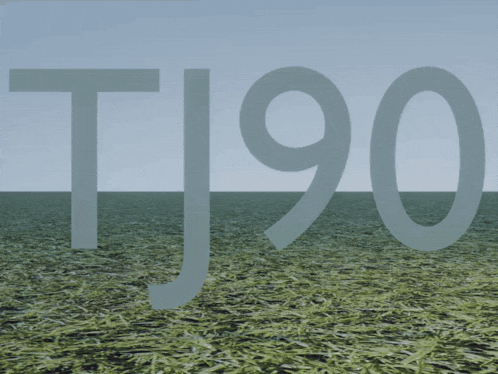 tj90 is written on a grassy field with a blue sky behind it