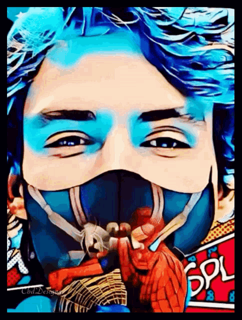 a man with blue hair is wearing a mask with the word spl on the bottom right