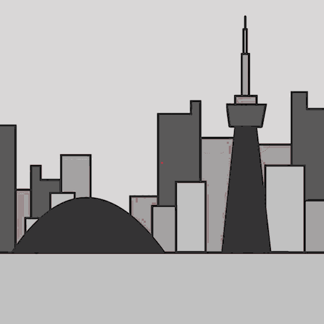 a black and white drawing of a city skyline with a tower