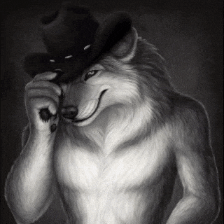 a black and white drawing of a wolf wearing a cowboy hat .