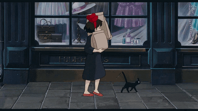 a woman is carrying a bag in front of a store called fourfures