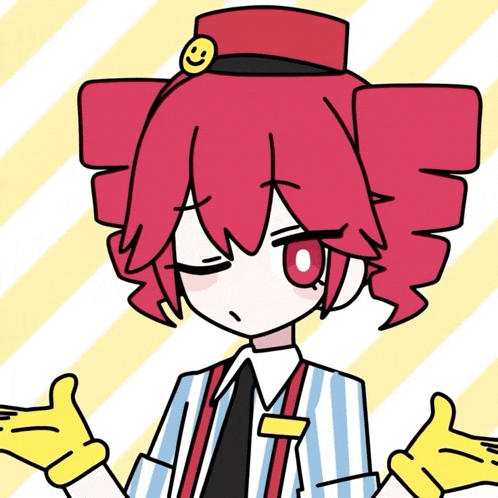 a girl with red hair is wearing a striped shirt and a red hat with a smiley face on it