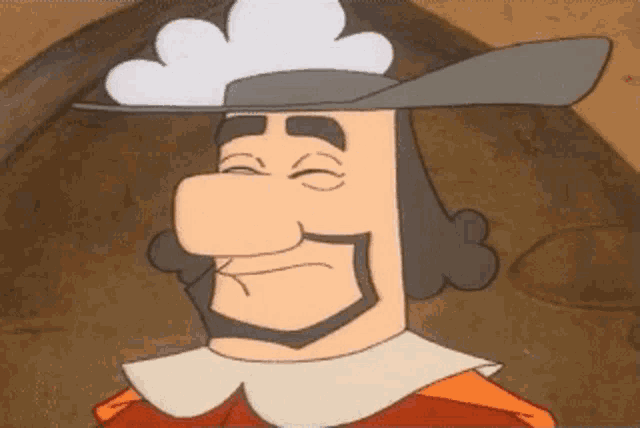 a cartoon character with a beard and hat is laughing with his mouth open