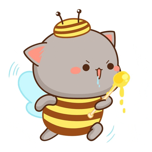 a cartoon cat dressed as a bee is holding a spoon of honey