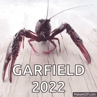 a crayfish is standing on a wooden table with the words garfield 2022 on it .