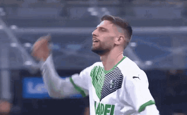 a soccer player wearing a green and white shirt with the word adel on it