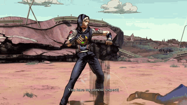 a cartoon character says " you have my utmost respect " in a desert setting