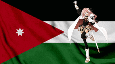 a girl with a sword in front of a flag