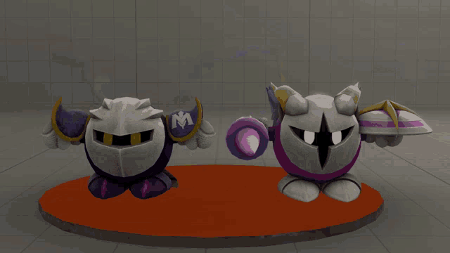 a cartoon character with wings and a sword with the letter m on it