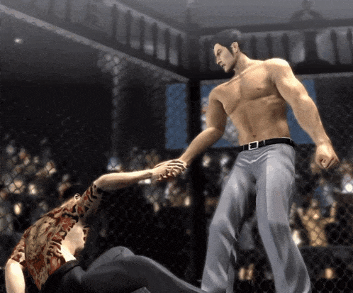 a shirtless man holds the hand of another shirtless man in a cage
