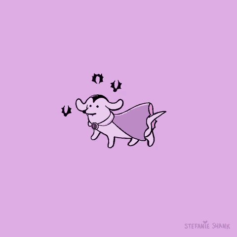 a cartoon of a dog wearing a cape and a vampire hat by stefanie shank
