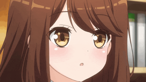 a close up of a anime girl 's face with brown hair