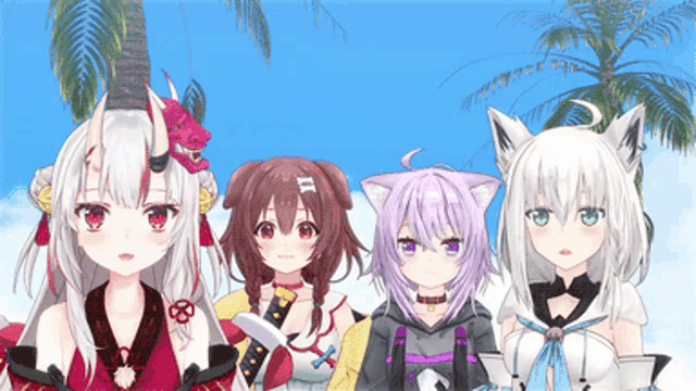a group of anime characters standing next to each other with a palm tree in the background