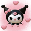 a 3d rendering of a kuromi doll with pink hearts around her .