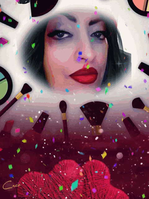 a woman 's face is surrounded by makeup brushes and confetti with the letter c on the bottom right