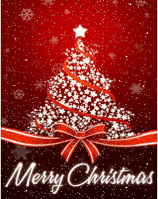 a merry christmas card with a christmas tree and snowflakes