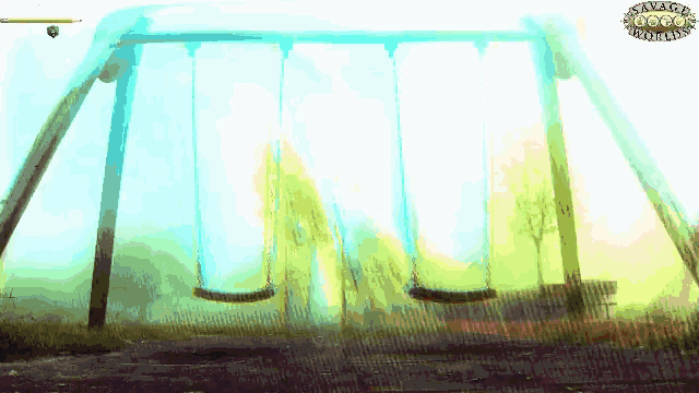 a painting of a swing set with the word savage on the bottom