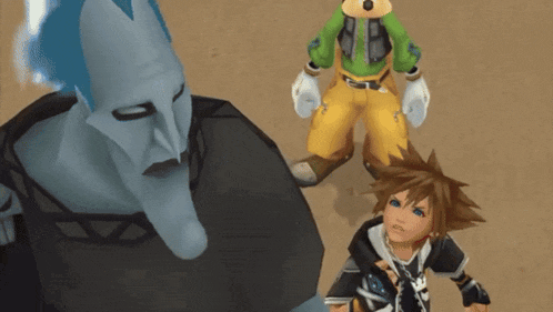 a video game character with a blue haired head stands next to two other characters