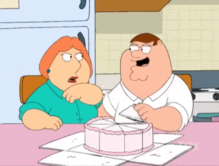 peter griffin and lois griffin are sitting at a table looking at a cake