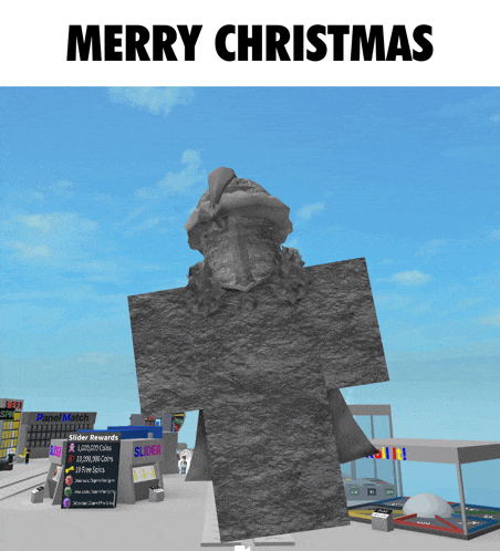 a merry christmas greeting with a statue of santa
