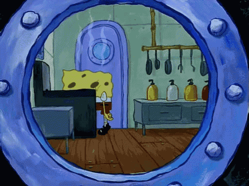 a cartoon of spongebob squarepants looking out of a window