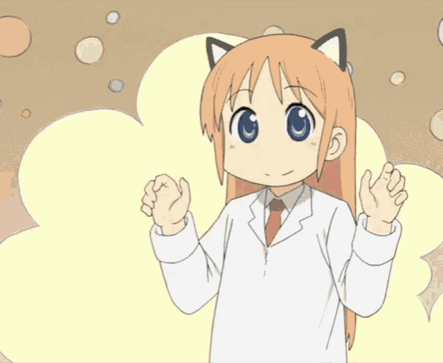 a cartoon girl with cat ears and a white coat