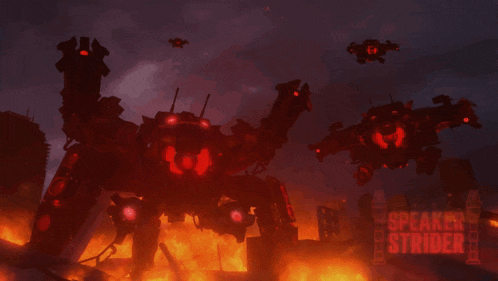 a poster for a video game called speaker strider shows a giant robot on fire