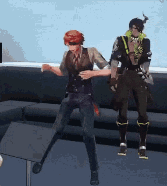 two anime characters are dancing in a room