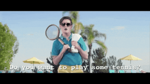 a man holding a tennis racquet with the words " do you want to play some tennis " below him