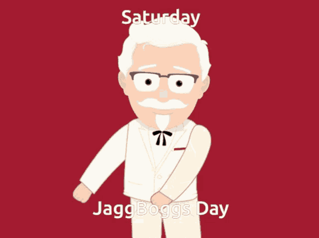 a cartoon of a man with glasses and a mustache with the words saturday jagg boggs day below him