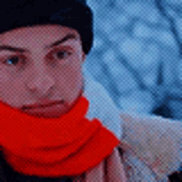 a man wearing a black hat and a red scarf is standing in the snow .