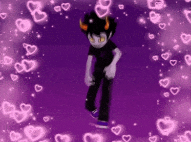 a cartoon character with horns is dancing in front of a purple background with hearts .