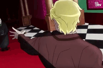 a cartoon character is laying on a red carpet in a room with a black and white checkered floor .