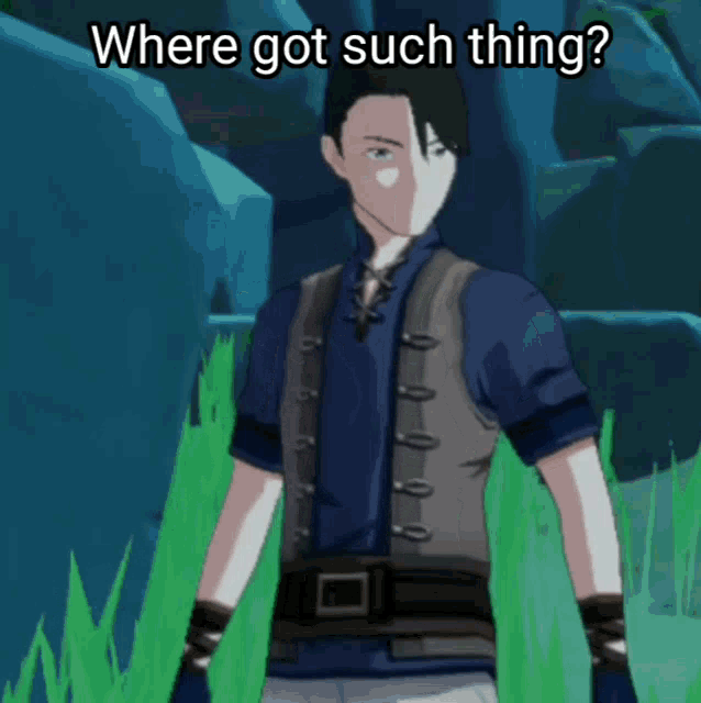 a man in a blue shirt is standing in the grass with the words where got such thing below him