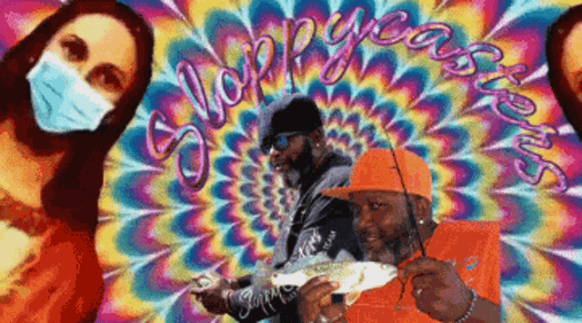 a man wearing an orange hat is holding a fish in front of a woman wearing a mask and the words happy years