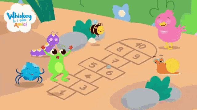 a cartoon of animals playing hopscotch with the words whiskey and i said amici in the corner