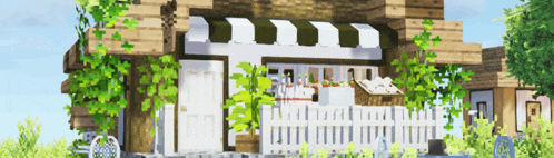 a minecraft building with a green and white awning on the front
