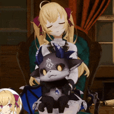 a girl is sitting in a chair holding a stuffed animal that looks like a dragon
