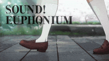 a person walking down a sidewalk with the words sound euphonium written above them