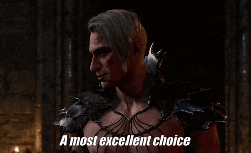 a video game character says " a most excellent choice " in a dark room