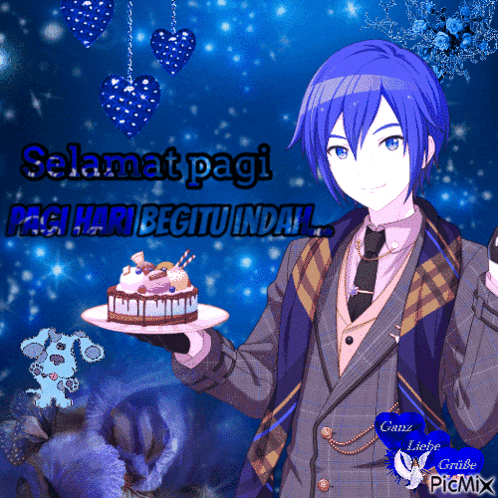 a blue haired anime character is holding a plate of cake and says selamat pagi
