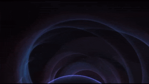 a blue planet is surrounded by purple swirls in space